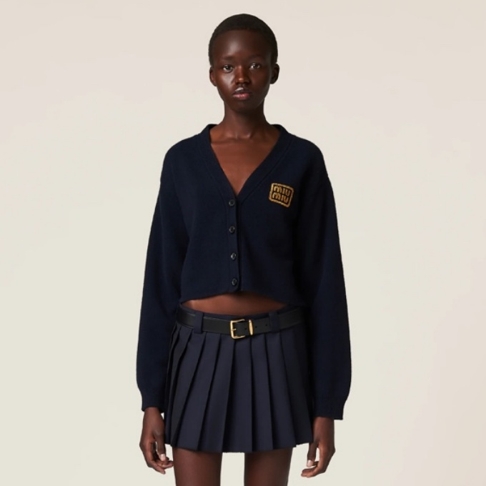 9a+ quality miu miu gold thread logo wool cardigan